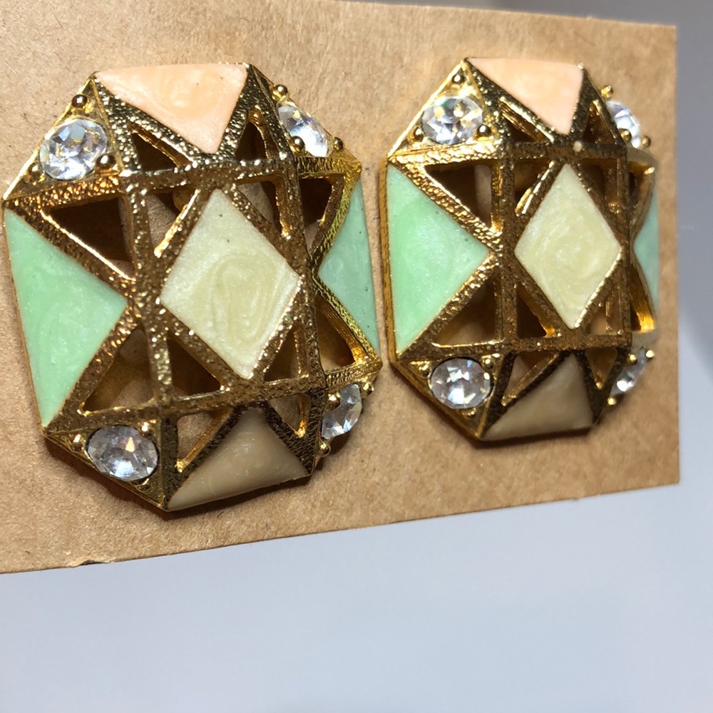 Vintage Pastel & Rhinestone Octagon Pierced Earrings